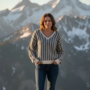 Women's %100 Cotton V-Neck Sweater in Cream and Gray Geometric Knit